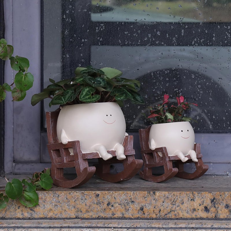 UMESONG Smily Face Planter Pot Cute Resin Flower Head Planters for Indoor Outdoor Plants Unique Sitting Rocking Chairs Succulent Pots for String of Pearls Plant Live Gift Ideals with Drainage Hole - Image 4